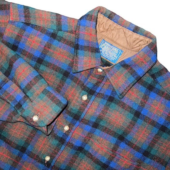 Pendleton Other - Pendleton L Brown &Blue Heavy Vintage Plaid Flannel Mens Virgin Wool Made In USA